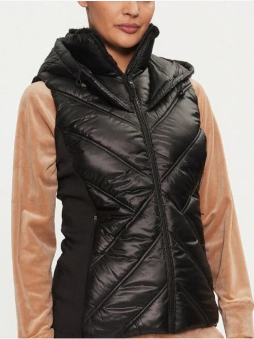 DKNY Quilted Black Puffer Vest with High Funnel Neck